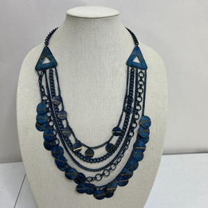 Blue Charm Necklace Vintage Metal Multi Strand Statement Geometric Gold Dangle‎